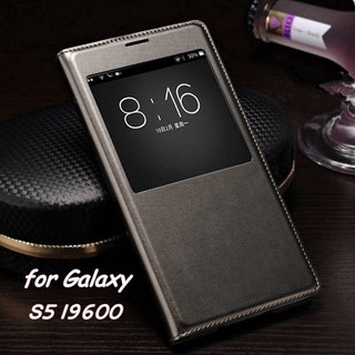 Slank leather flip cover case for samsung galaxy s5 s 5 i9600 smart søvn våkner vise telefonen saker for s5 med vanntett chip