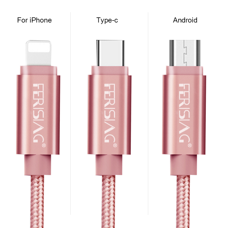 Ferising metall-plugg kabel-nylon 2a usb-kabel for lyn,android mikro -, type-c, telefonen, tablett for iphone x ,samsung,xiaomi